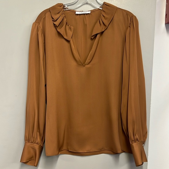 Frame camel silk v-neck ruffle trim blouse - Picture 1 of 6